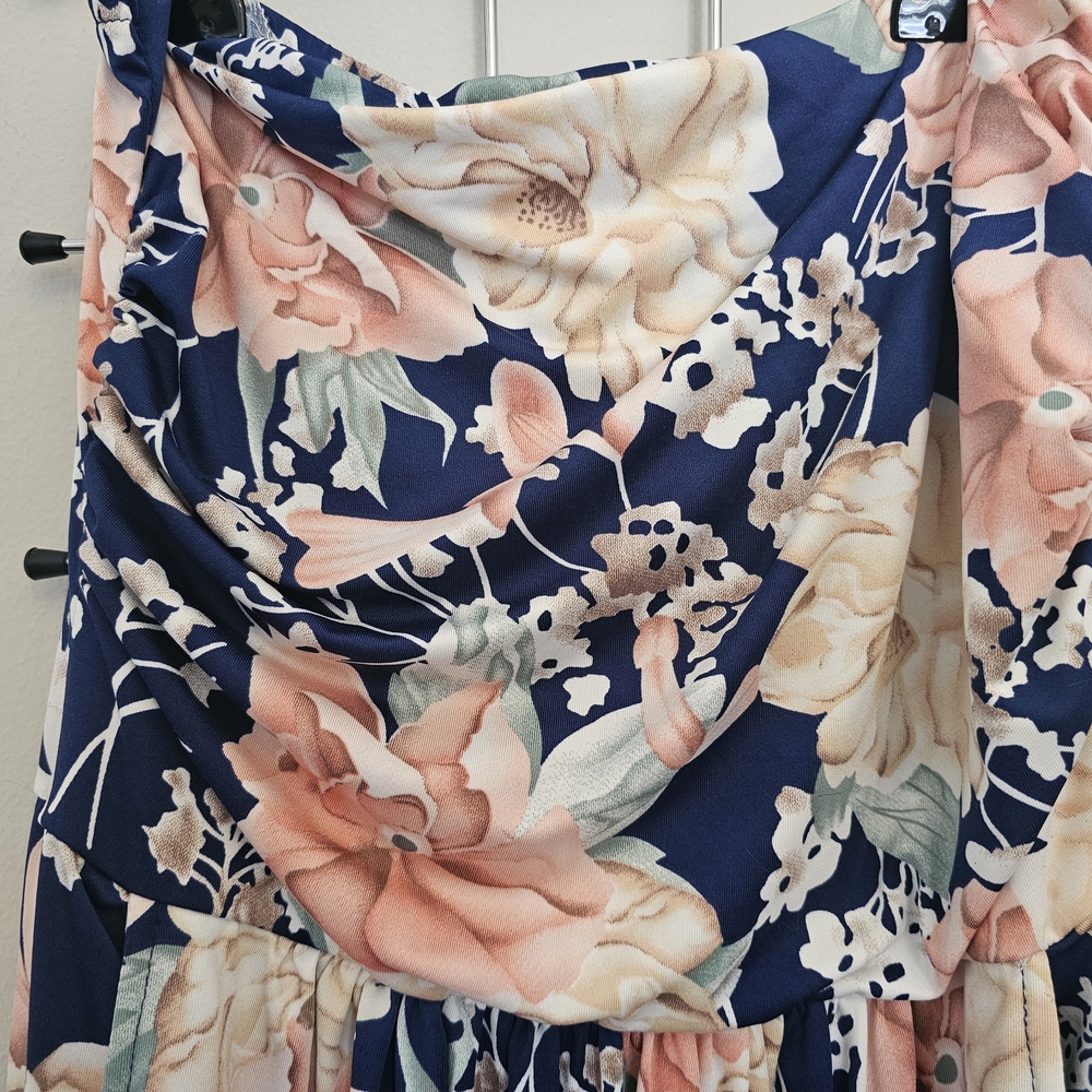 Liebeye Women's Blue and Cream Floral Strapless Maxi Dress Sz L - Picture 6 of 14